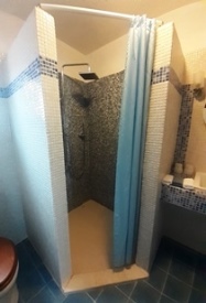 a bathroom with walk-in shower, both fixed and handheld showerheads